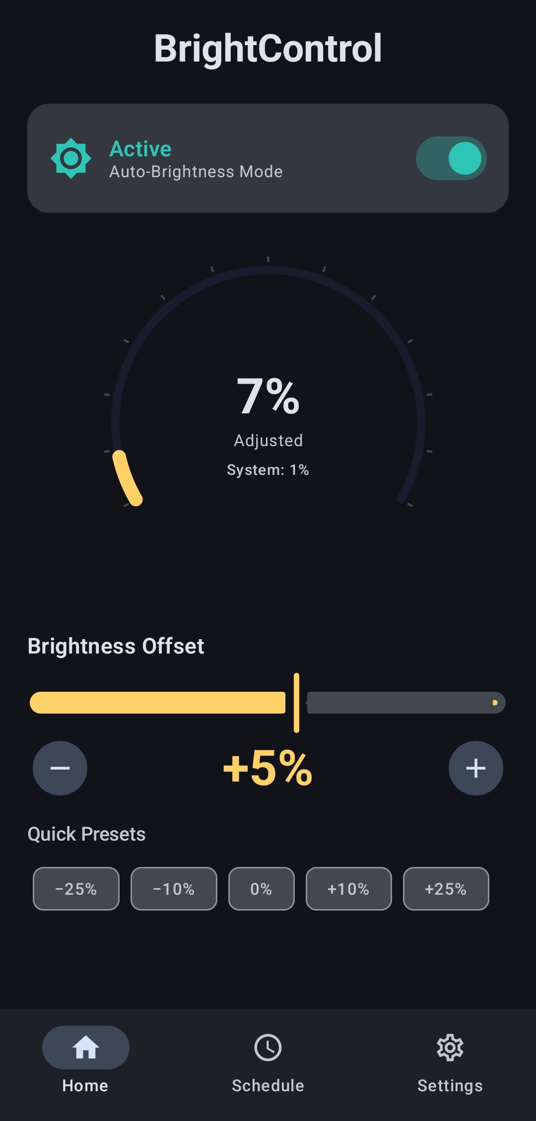 BrightControl home screen