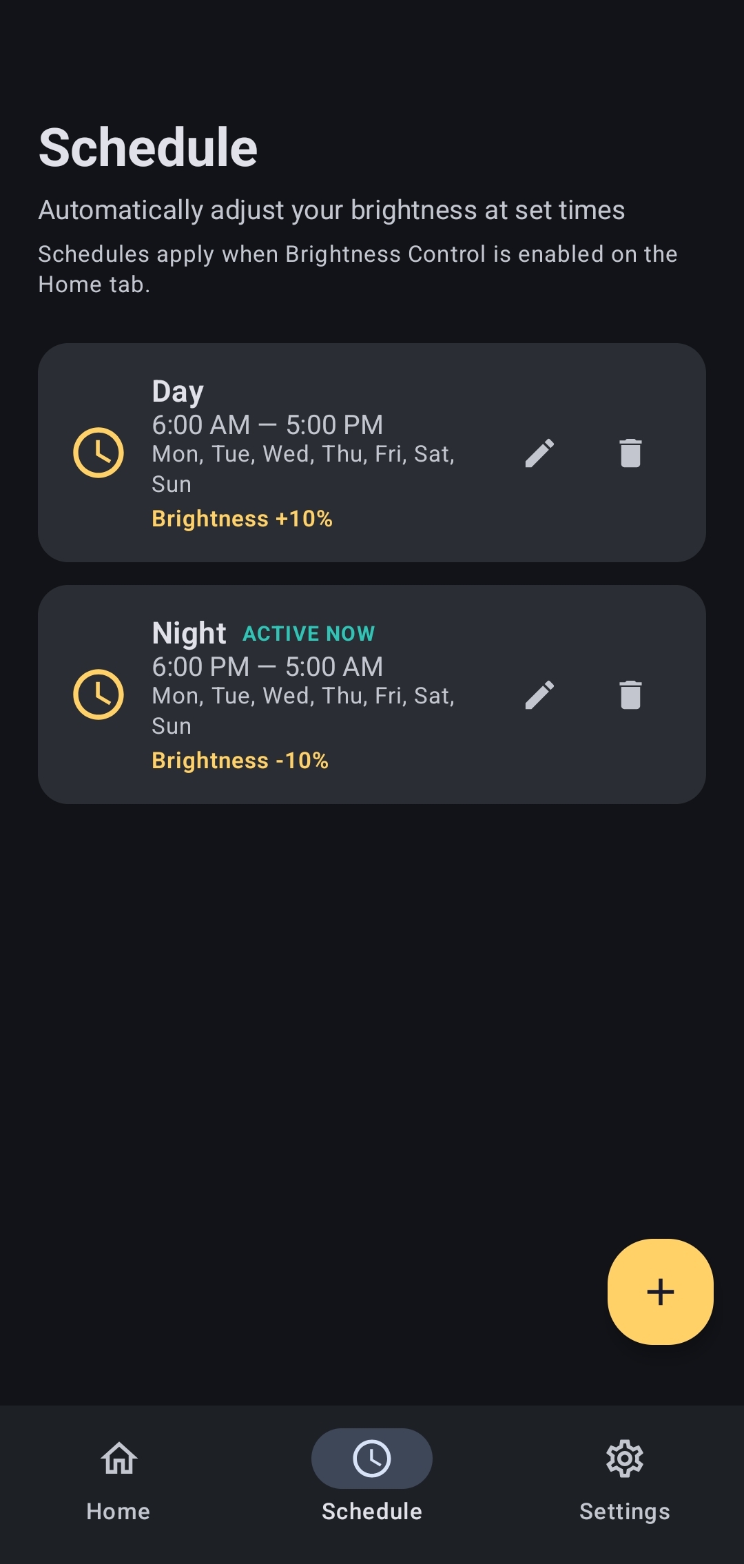 BrightControl schedule screen
